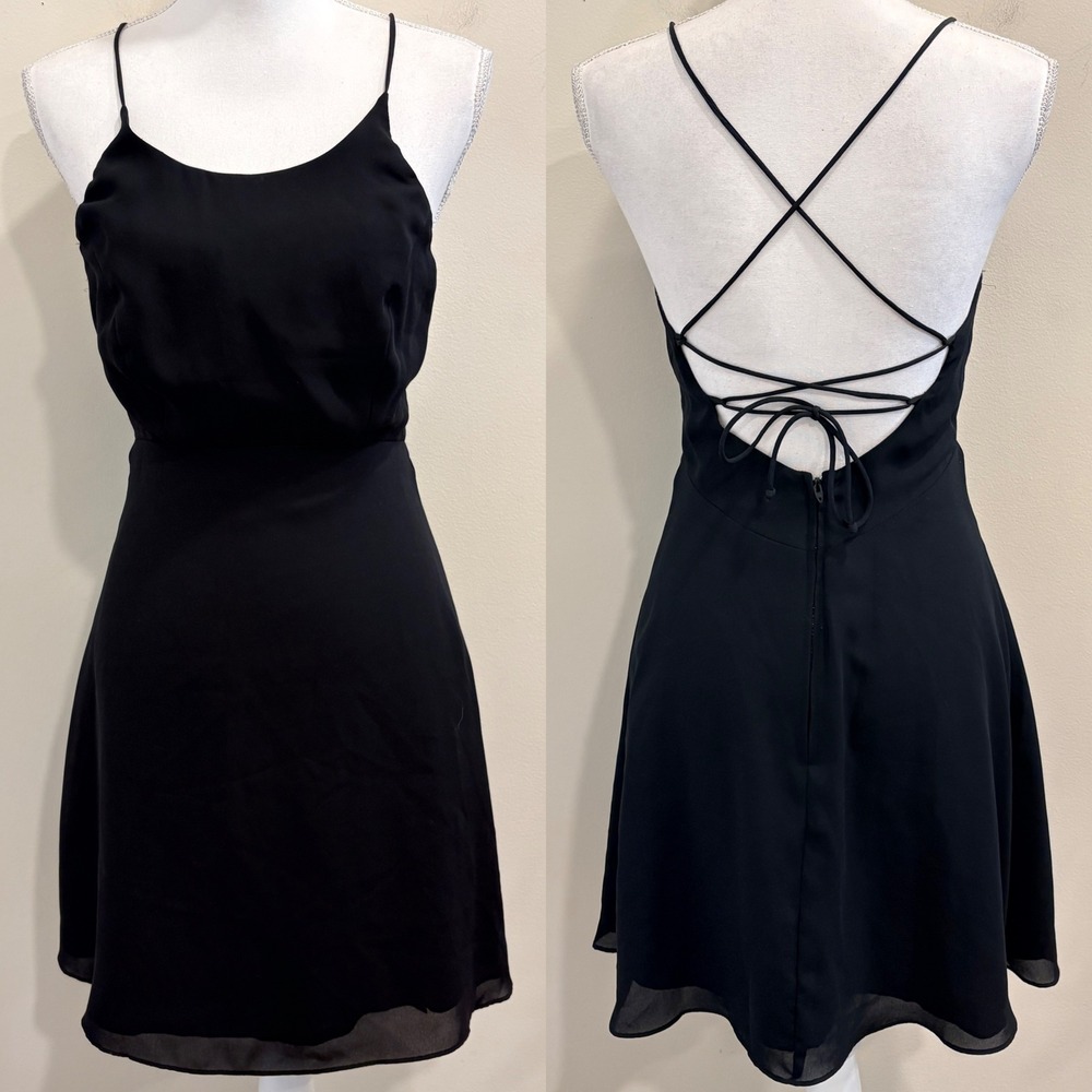 VTG 90s Moda Intl Black Chiffon Lace Up Back Mini Dress 4 Party LBD Going Out